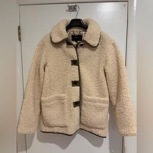 J. Crew Lt Tan Sherpa Jacket with Olive Green Trim, Satin Lining & Black Label